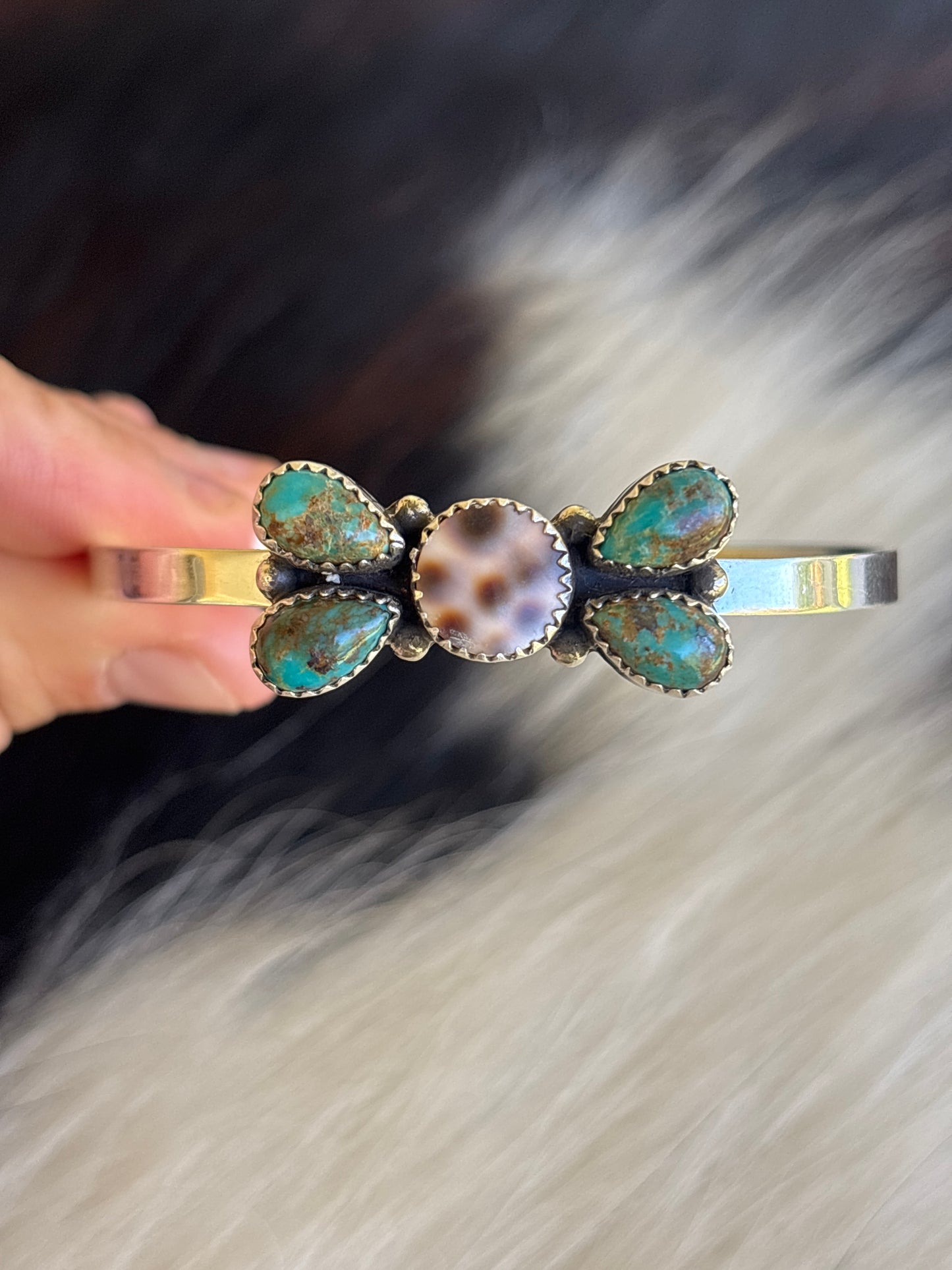 Native American, Handmade, Cowrie, Turquoise & Sterling Silver Cuff