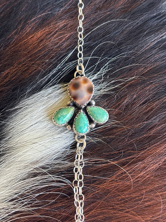 Native American, Handmade, Turquoise, Cowrie & Sterling Silver Hand Chain
