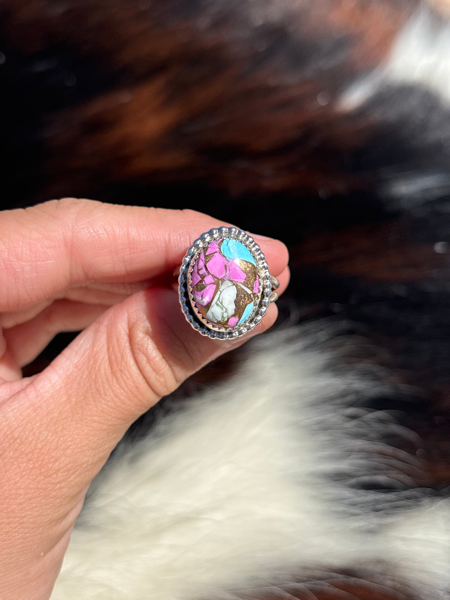 Native American, Hand-Made, Cotton Candy & Sterling Silver Ring