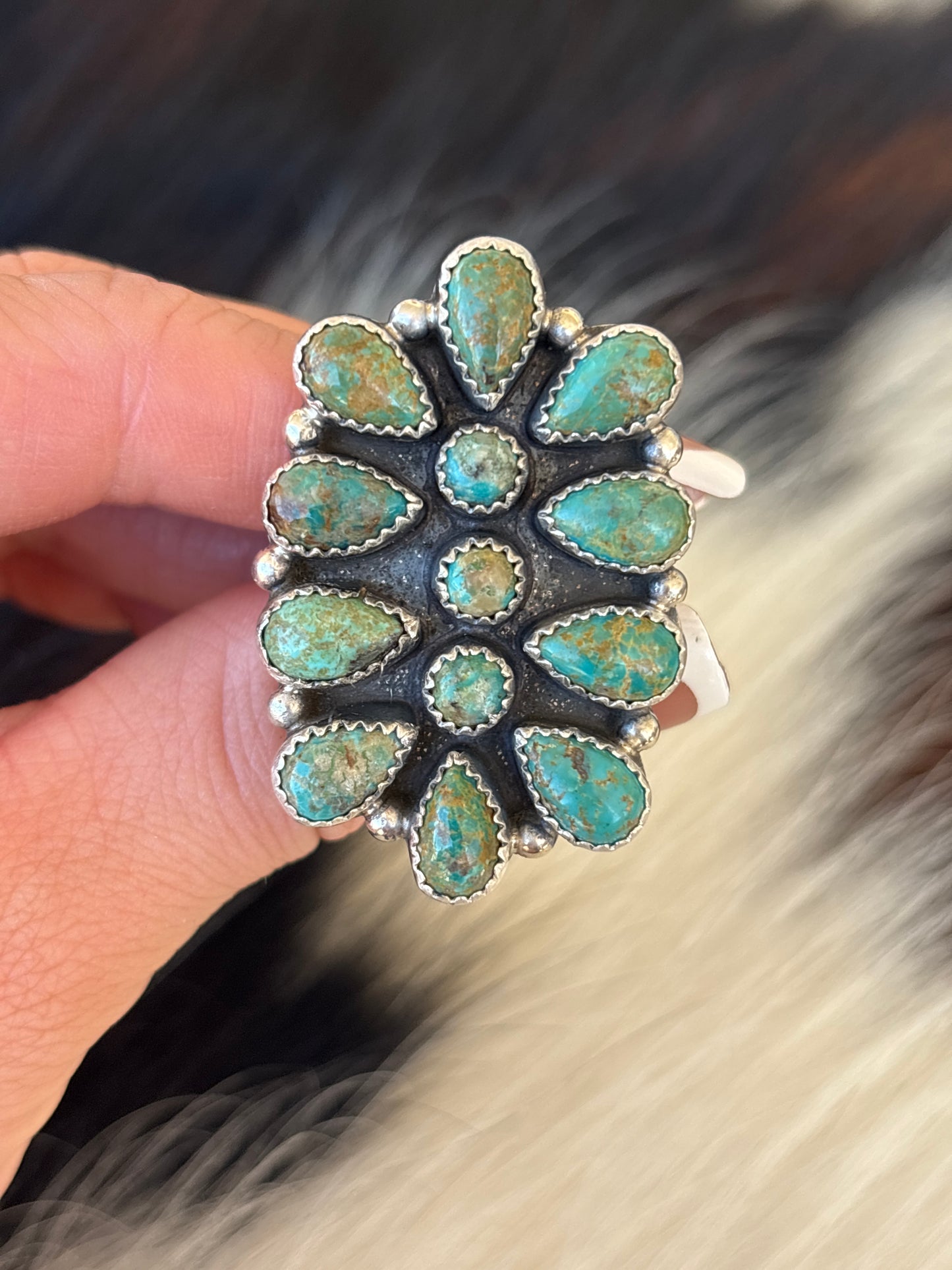 Native American, Hand-Made, Turquoise & Sterling Silver Cluster Ring