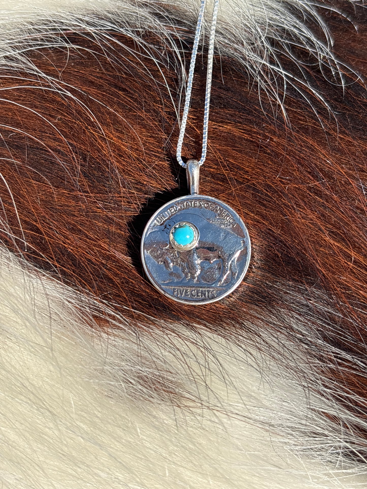 Native American, Hand-Made, Buffalo Nickel, Turquoise & Sterling Silver Necklace