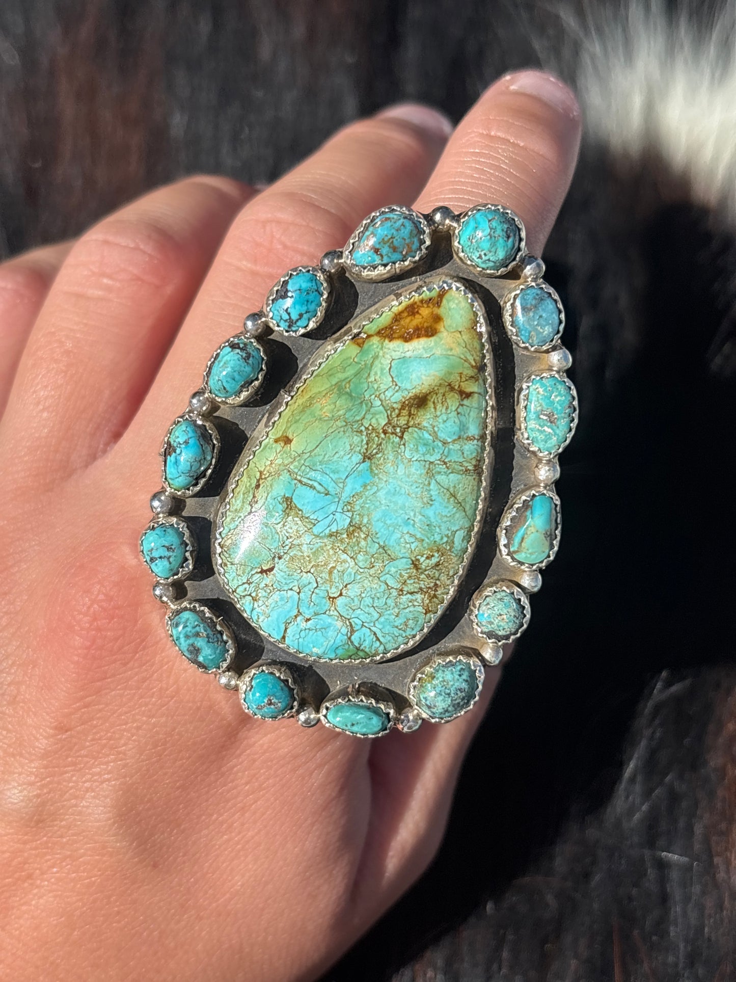 Native American, Hand-Made, Sonoran Gold Turquoise & Sterling Silver Adjustable Ring