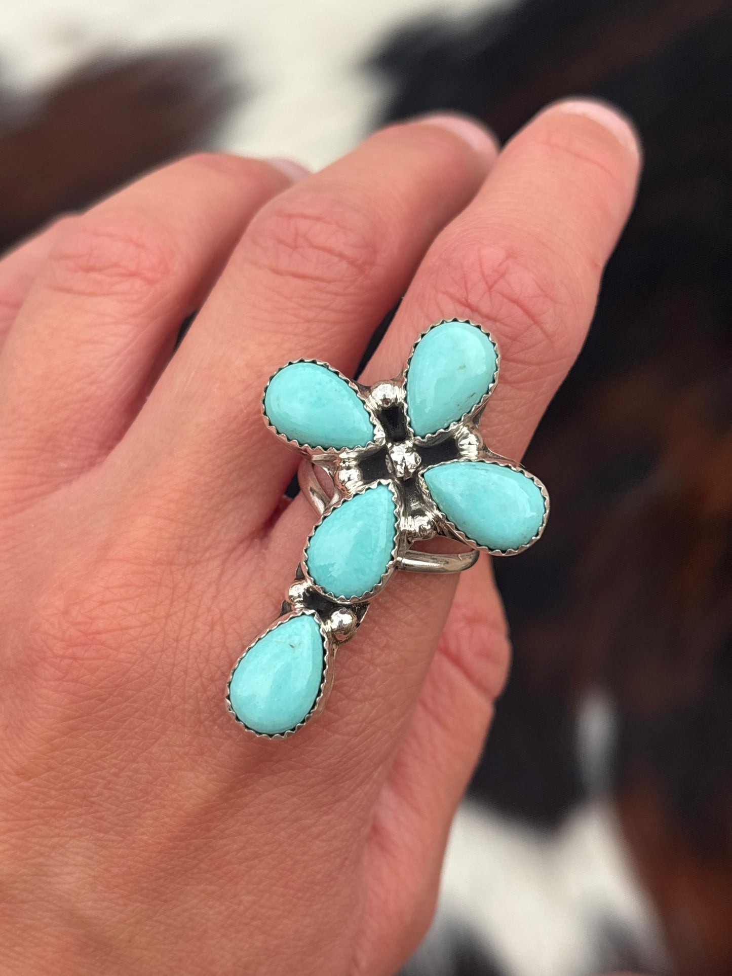 Native American, Hand-Made, Turquoise & Sterling Silver Cross Ring