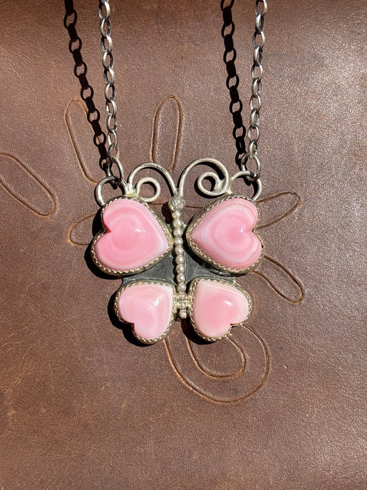 Native American, Hand-Made, Pink Conch & Sterling Silver Butterfly Necklace