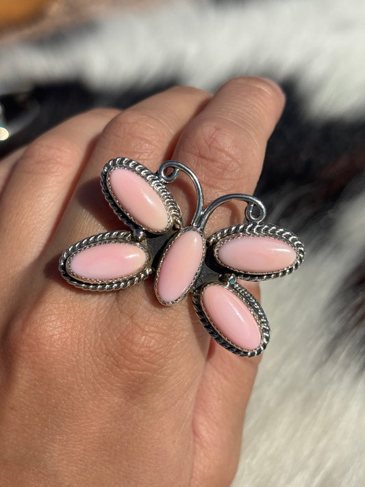 Native American, Hand-Made, Pink Conch & Sterling Silver Butterfly Ring