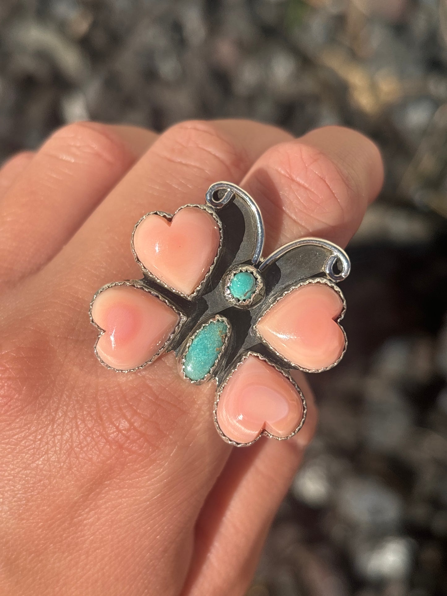 Native American, Hand-Made, Turquoise, Pink Conch & Sterling Silver Butterfly Ring