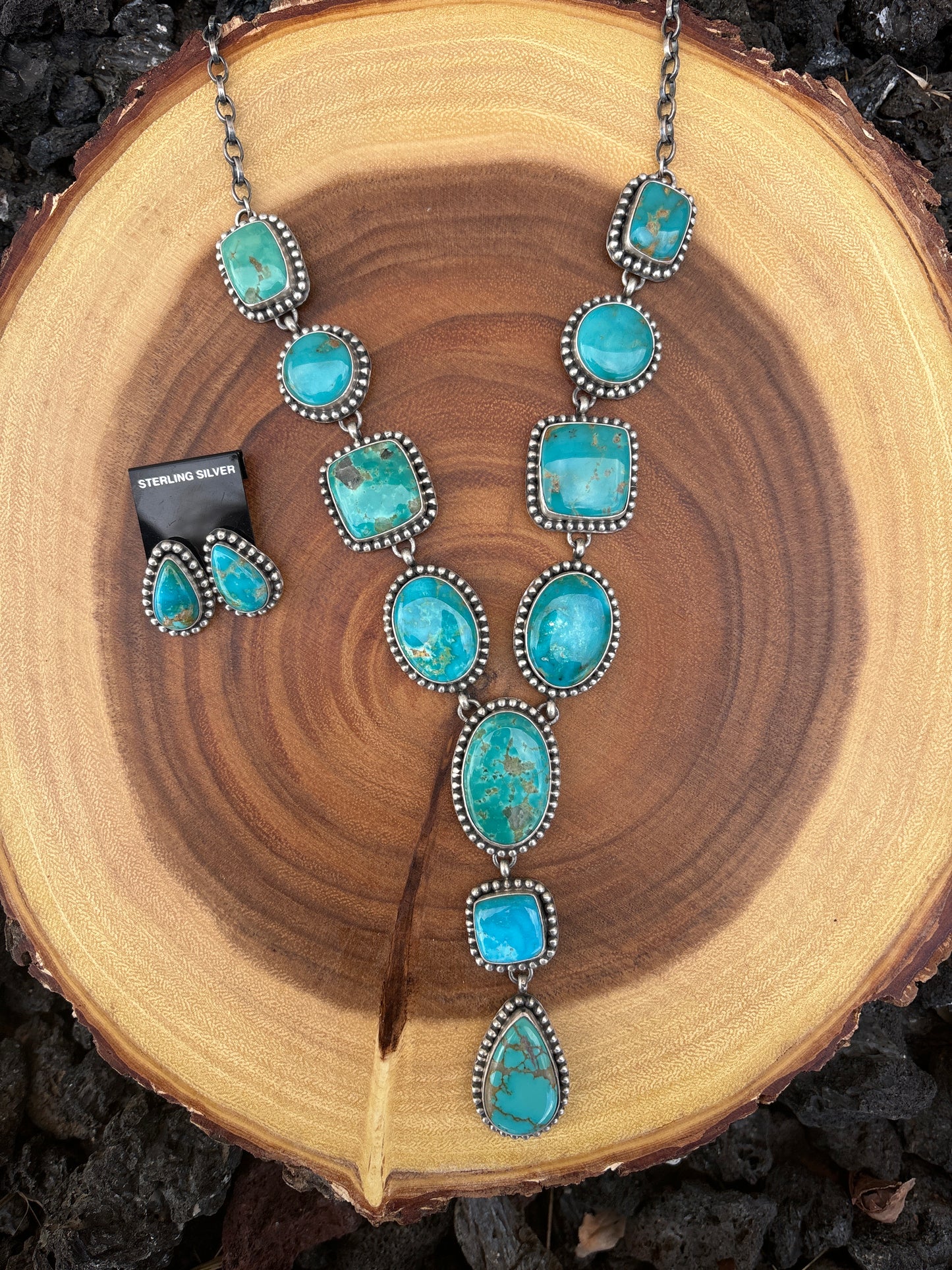 Native American, Hand-Made, Royston Turquoise & Sterling Silver Necklace and Earrings set