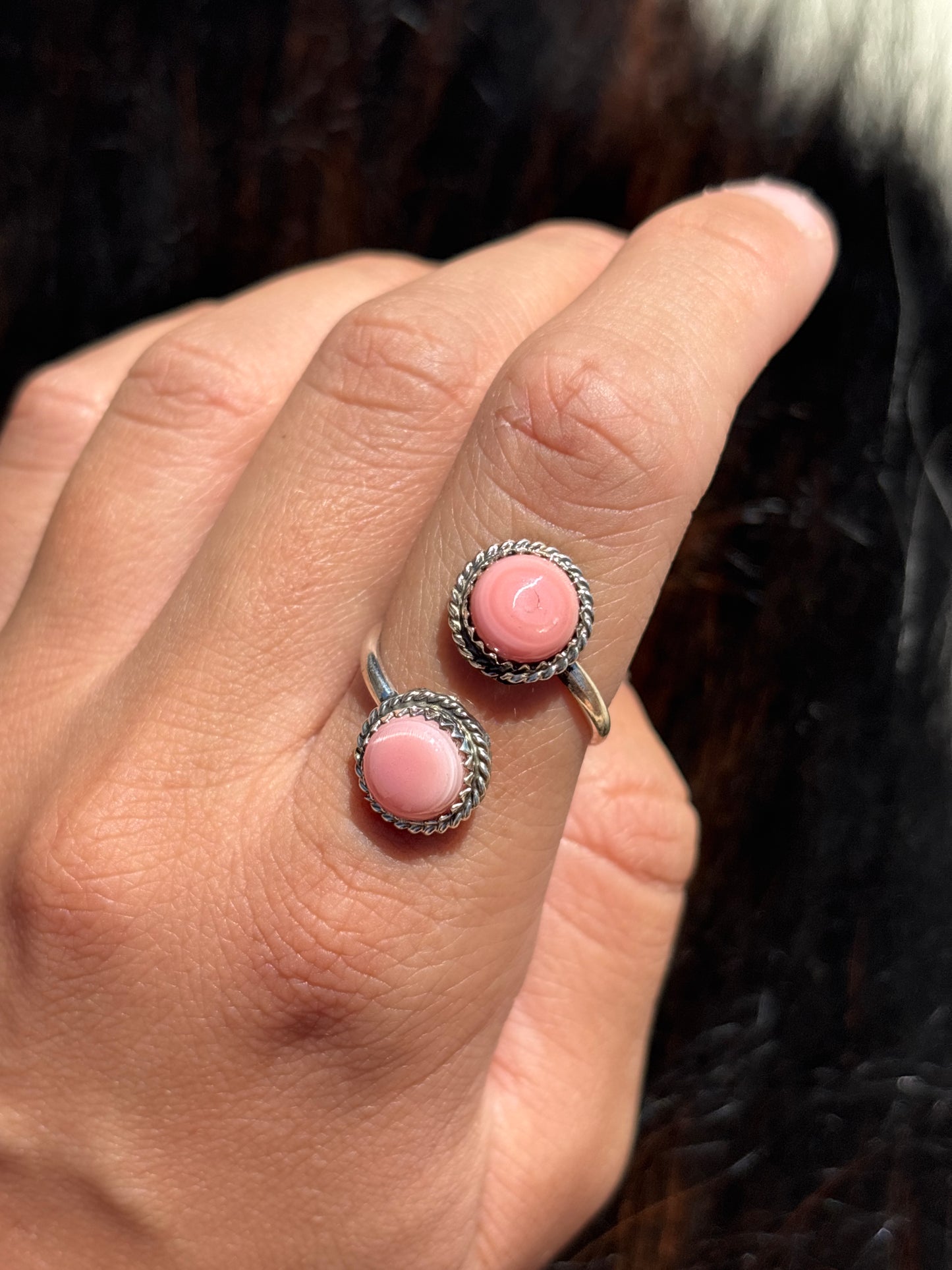 Native American, Hand-Made, Pink Conch & Sterling Silver Adjustable Ring