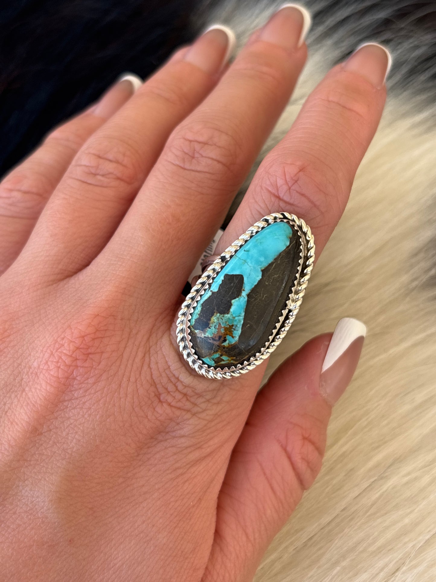 Native American, Hand-Made, Blackjack Turquoise & Sterling Silver Ring
