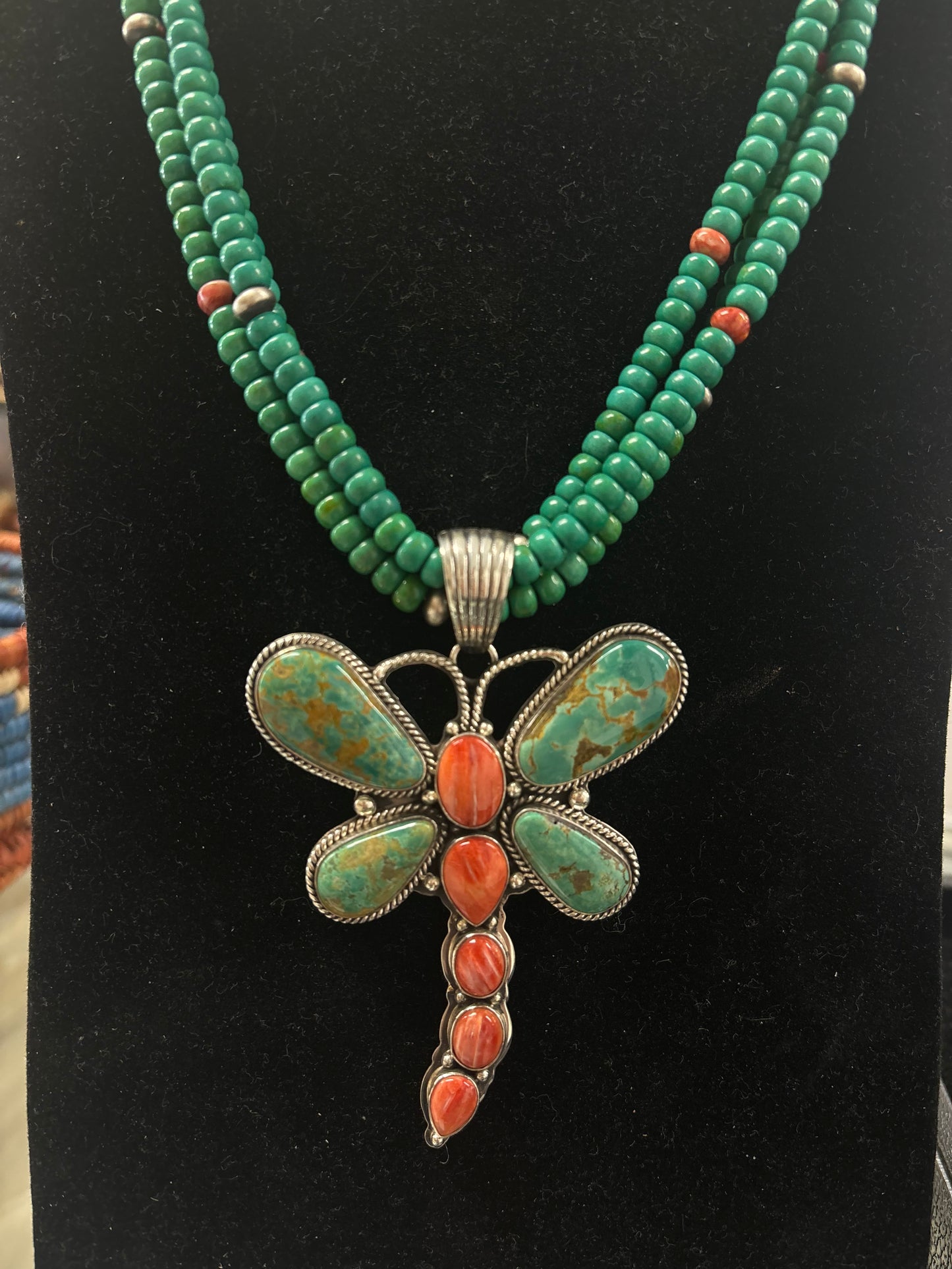 Native American, Hand-Made, Spiny Oyster & Turquoise Dragonfly Necklace