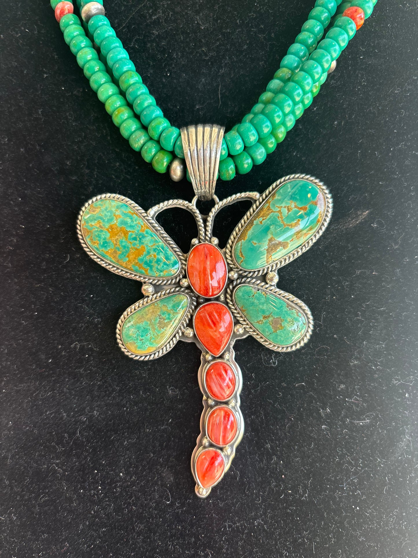 Native American, Hand-Made, Spiny Oyster & Turquoise Dragonfly Necklace