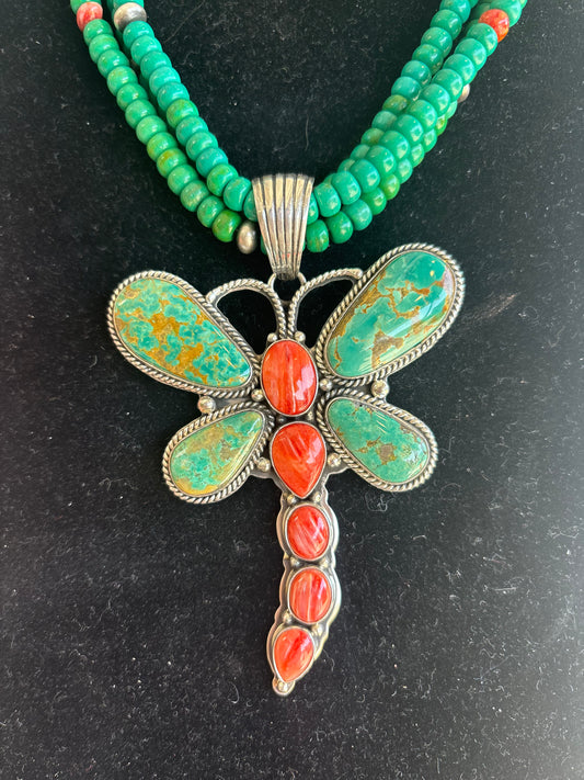 Native American, Hand-Made, Spiny Oyster & Turquoise Dragonfly Necklace